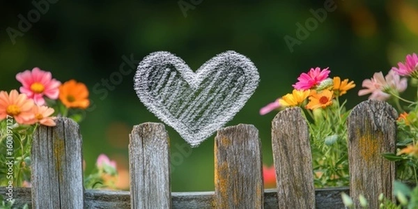 Fototapeta Heart drawn in chalk on a wooden fence next to a garden. The heart is surrounded by flowers, which adds a sense of warmth and love to the scene