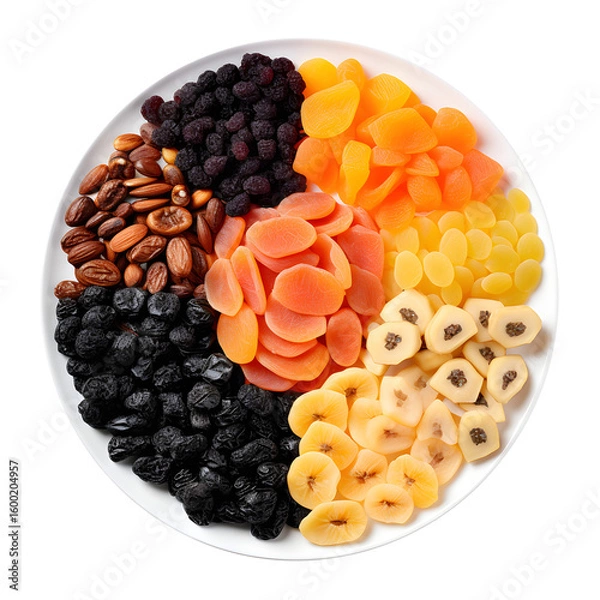 Fototapeta A plate of dried fruits top view isolated on a transparent background