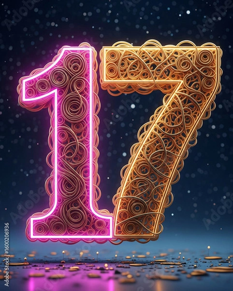 Fototapeta Design: The number 17 is blue and gold with a curve at the end. Style: Minimalist yet elegant. Serious and professional impression, suitable for branding or formal presentations.