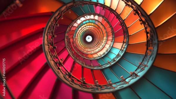 Obraz strikingly colorful abstract staircase inspired rainbow tones artistically arranged circular spiral focused central point.