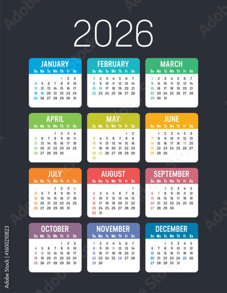 Obraz Year 2026 American colorful calendar on dark background, weeks start Sunday, USA vacations, vector template in English