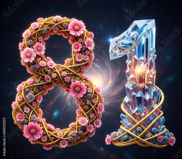 Fototapeta The number 81 has a swirling liquid texture, while the number 1 is gold with a geometric pattern. Style: Modern, digital-fantasy. Mysterious and classy, perfect for sci-fi or high-tech themes.