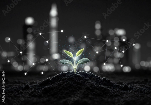 Fototapeta Glowing Sapling Sprouts Amidst a Vibrant. Digital Innovation Enhances Natural Growth of a Plant in a Conceptual Display
