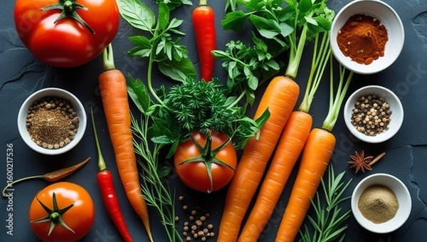 Obraz Fresh, healthy organic vegetables, including vibrant tomatoes, crisp carrots, and green lettuce, artfully arranged on a rustic wooden table