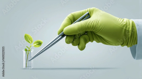 Fototapeta a hand in a green glove using tweezers to place a small plant sprout into a test tube. on Light gray background, even lighting. 3D Illustration.