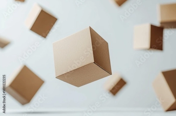 Fototapeta background with cardboard boxes floating in the air, concept of moving, shopping, traveling and gifts