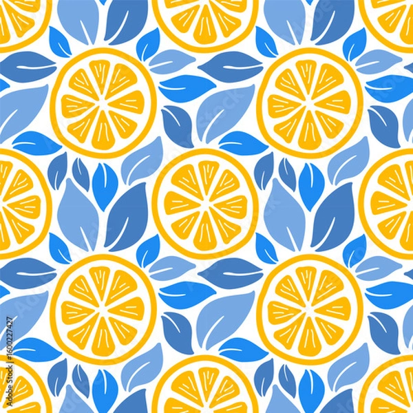 Fototapeta Coastal mediterranean citrus drops and leaves seamless pattern. Summer italian Amalfi coast inspired background design. EPS 10 vector wallpaper.
