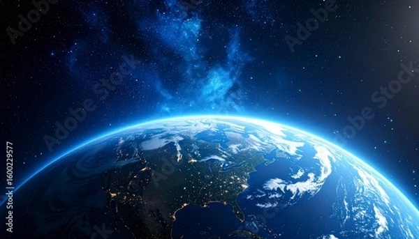 Fototapeta Earth from space with pale blue nebula fog around, soft dreamy glow