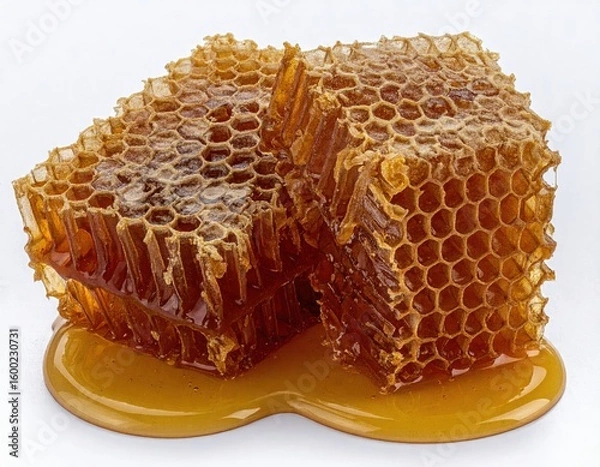 Obraz golden honeycombs dripping with sweet honey. The intricate structure of the honeycomb is a testament to nature's design and the rich, golden color of the honey is a treat for the eyes