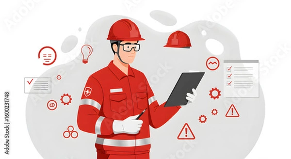 Obraz Worker Checks Clipboard with Helmet Gear and Warnings