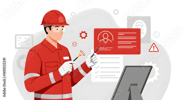 Obraz Construction worker examining equipment on digital interface