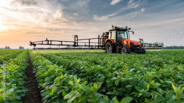 Fototapeta Modern tractor with high-tech spraying arms moving through lush green soybean field, precision agriculture concept, clean sky and flat farmland landscape