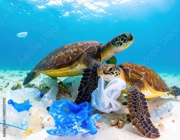 Obraz A sea turtle is entangled by plastic pollution underwater