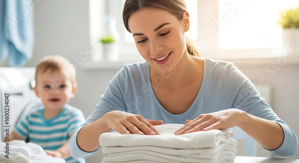 Fototapeta A woman folding clean laundry with a baby in the background in a brightly lit room setting