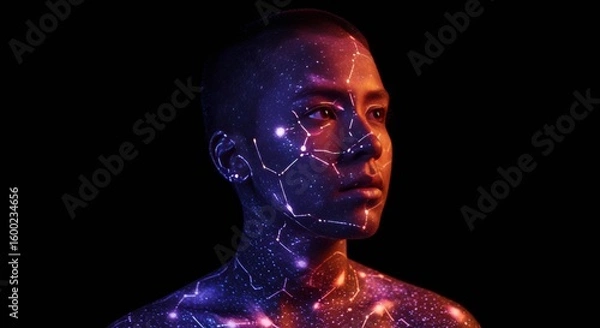 Fototapeta Human canvas celestial mapping: A portrait of cosmic connection and ethereal beauty
