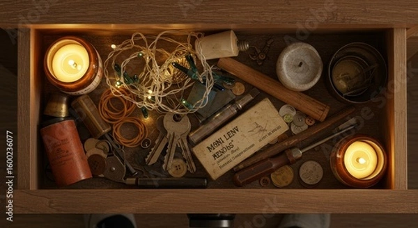 Fototapeta Illuminated drawer reveals a collection of old tools, trinkets, and curiosities under gentle