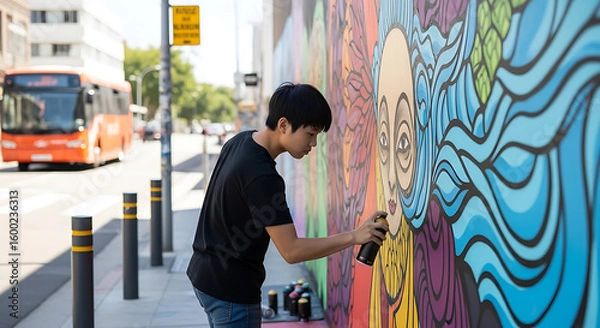 Fototapeta A young man spray painting a colorful mural on a wall in an urban setting with a bus nearby