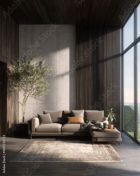 Fototapeta Modern living room with sectional sofa and area rug.