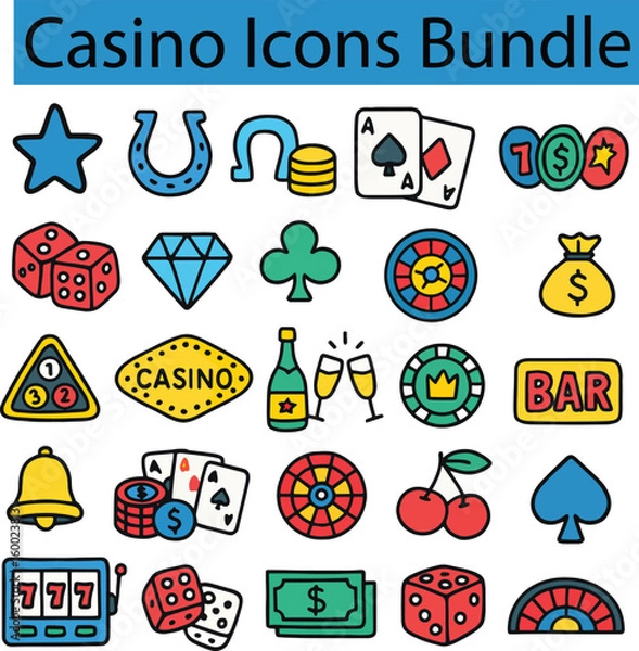 Fototapeta Set of Colorful casino icons. Doodle style icon vector bundle.eps