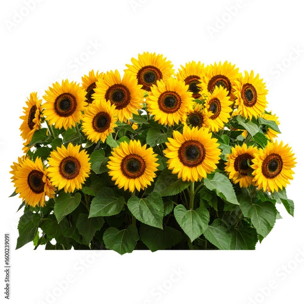 Obraz Dense Bush of Bright Yellow Sunflowers with Green Leaves, Isolated on Transparent Background 
