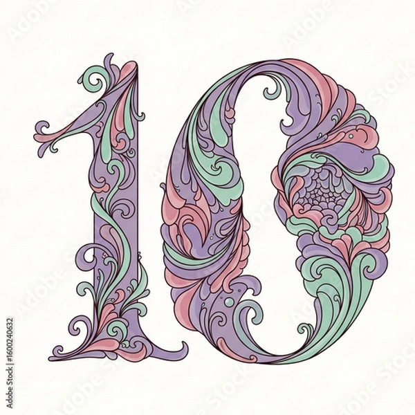 Fototapeta The number 10 features a curved floral ornament. Soft colors—light purple, pastel green, and pink. Art Nouveau style, feminine and romantic. Elegant and artistic, perfect for an art or celebration the
