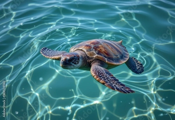 Obraz a sea turtle swimming with ease no plastic bags around no danger only clean blue water and peaceful marine life showing how ocean ecosystems benefit from plastic reduction