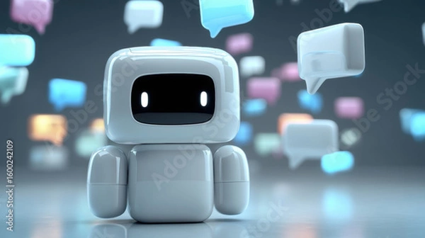 Fototapeta AI Robot and Speech Bubbles ,A minimalist 3D illustration of a sleek, friendly AI robot in a futuristic setting, with multiple abstract, glowing speech bubbles floating.