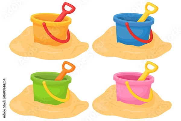 Obraz Vector cartoon image of children's plastic bucket with a shovel in the sand. Concept of children's toys and fun. Kindergarten, school. Element for your website, article, etc.