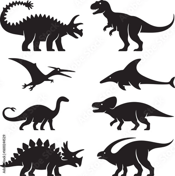 Fototapeta Prehistoric Dinosaur Icon Set Vector Silhouettes of 8 Ancient Creatures Including Brachiosaurus, Pteranodon, Stegosaurus, and T-Rex