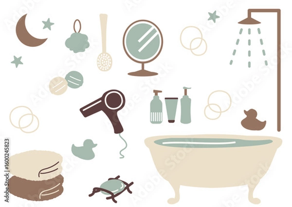 Obraz バスタブとシャワーがあるチョコミントカラーのかわいいお風呂セットのイラスト