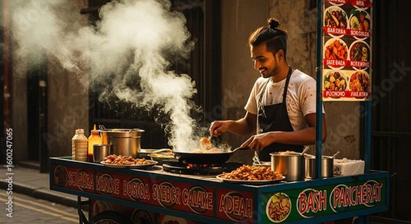 Fototapeta A man cooking street food on a cart with steam rising and a menu displayed on the side cart