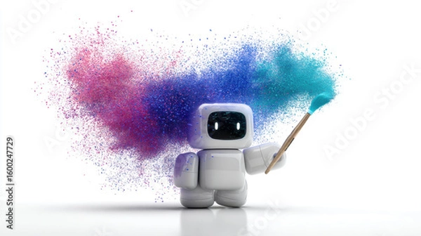 Fototapeta AI Robot and Art, A minimalist 3D illustration of an AI robot holding a paintbrush and creating an abstract digital painting. 