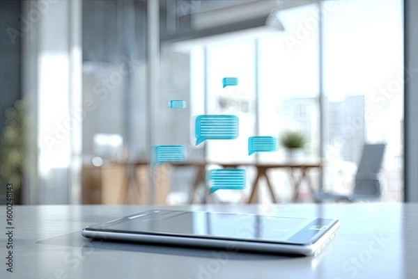 Fototapeta Tablet with floating chat bubbles in modern room