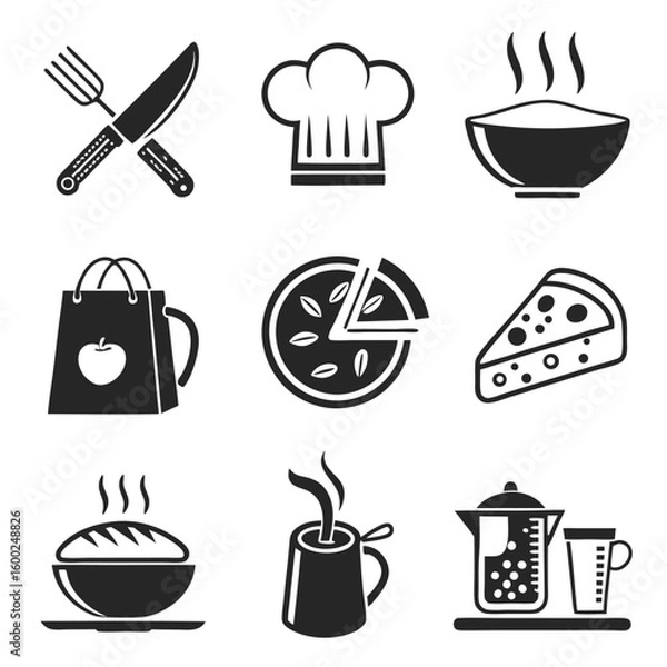 Fototapeta Culinary Icon Pack – Chef Hat, Pizza Slice, Bread Loaf, Cherry Pie & Kitchen Symbols