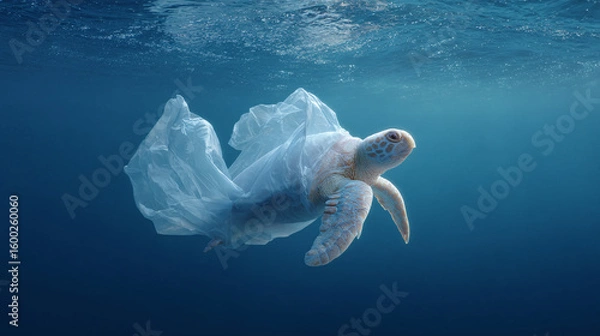 Fototapeta A plastic bag shaped with a sea turtle, floating in the ocean. 