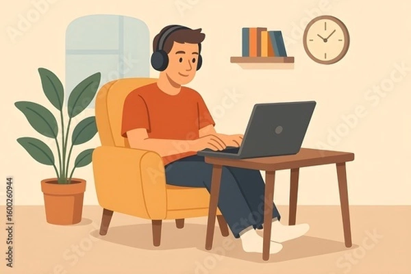 Fototapeta Flat Illustration of a Young Man Working Remotely Using Laptop in Cozy Home Office Setup