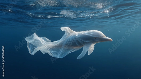 Fototapeta A plastic bag shaped with a dolphin, floating in the ocean.
