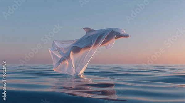 Fototapeta A plastic bag shaped with a dolphin, floating in the ocean.