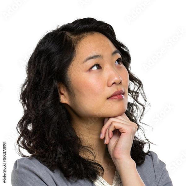 Fototapeta A young asian woman is thoughtfully looking up while contemplating a solution against a transparent background