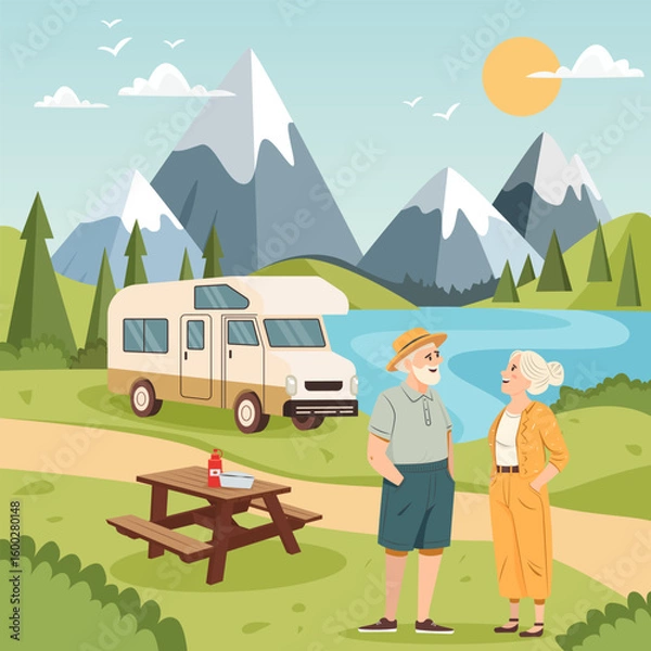 Obraz Senior couple traveling by RV through scenic nature. Elderly man and woman enjoy an RV road trip surrounded by mountains, lake, and green hills. Concept of travel for retirement travel, eco-tourism