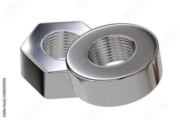 Fototapeta 3d silver bolt and nut with detailed threads and hexagonal shapes isolated on a white transparent background. industrial, component screw bolt engineering concept. 3d render.