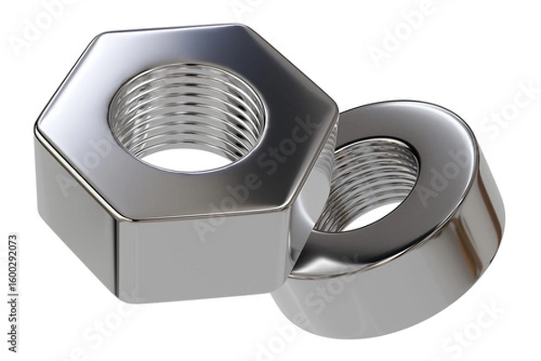 Fototapeta 3d silver bolt and nut with detailed threads and hexagonal shapes isolated on a white transparent background. industrial, component screw bolt engineering concept. 3d render.