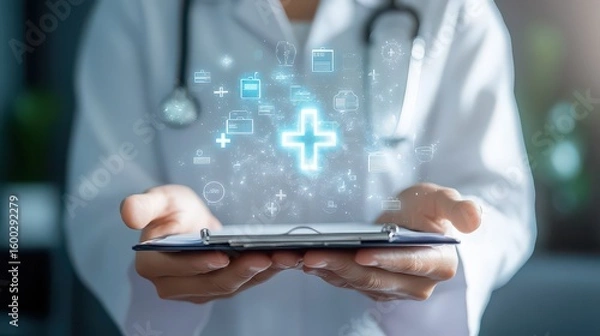 Fototapeta Doctor holding clipboard with glowing medical icons in front of white coat and stethoscope