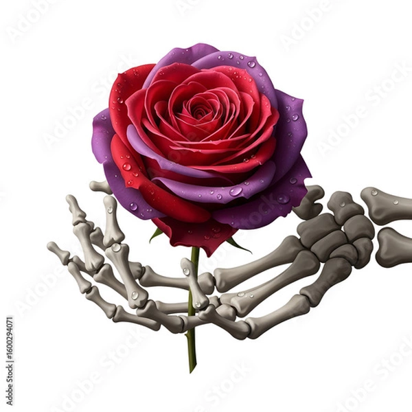 Fototapeta Skeleton hand holding bicolor rose with water droplets isolated on a transparent background png, cut out, clipping path, social media, Advertisement, high quality, HD photo, close up,  web, banner.