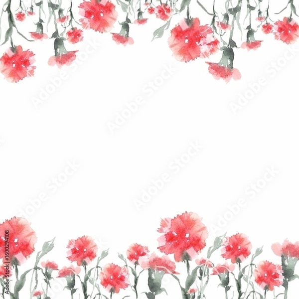 Fototapeta Festive flowers. Watercolor square banner for social networks and postcards with the image of a garland of red bush carnations. Hand-drawn illustration on a white background with space for an inscript