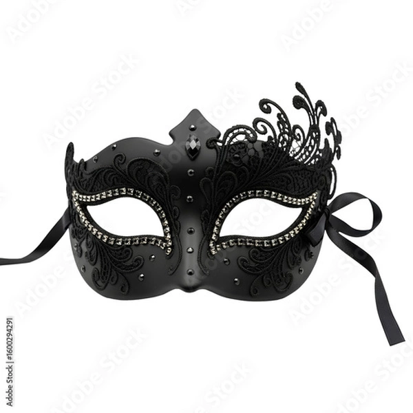 Fototapeta Matte black Venetian mask with lace and rhinestones isolated on a transparent background png, cut out, clipping path, social media, Advertisement, high quality, HD photo, close up,  web, banner.
