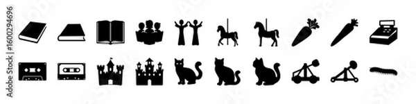 Fototapeta Vintage & Whimsical Icon Silhouettes – Books, Castles, Cats - A creative collection of black silhouette icons on a white background, representing a variety of whimsical and vintage-style objects.