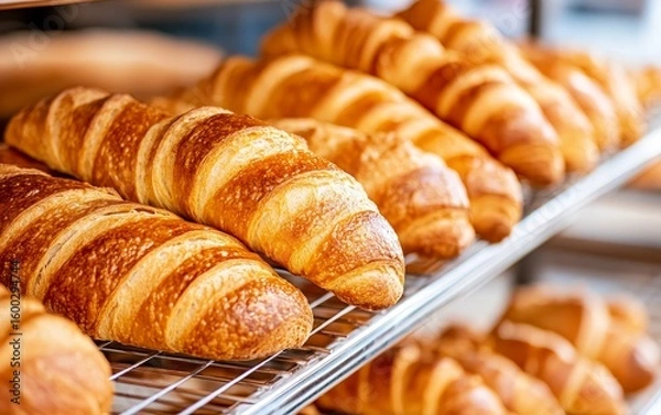 Fototapeta Freshly baked golden croissants are neatly arranged on a shelf, tempting with their flaky texture and buttery aroma
