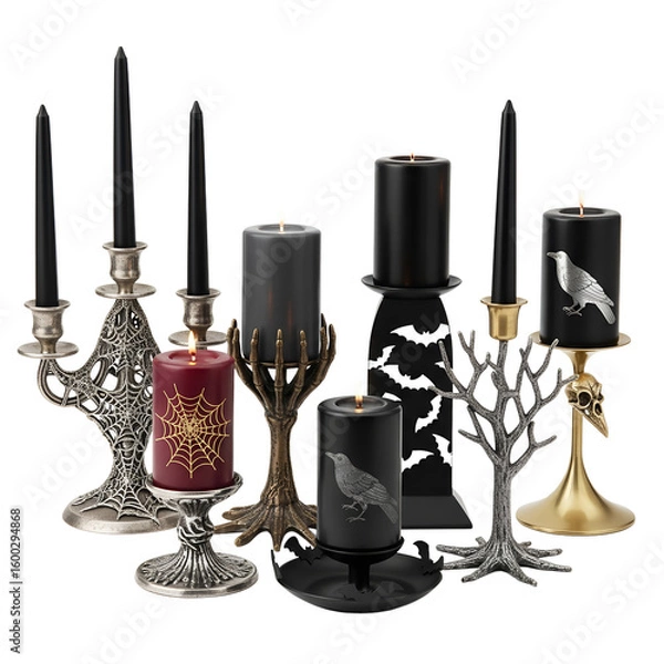 Fototapeta Collection of five luxury Halloween candles in black and gray isolated on a transparent background png, cut out, clipping path, social media, Advertisement, high quality, HD photo, close up,  web.
