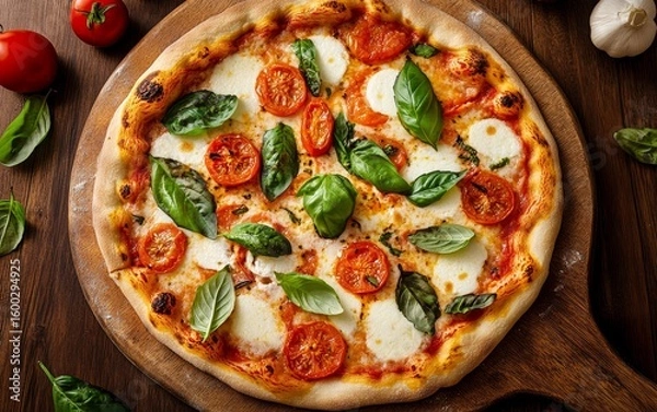Fototapeta A delicious Margherita pizza topped with fresh basil, mozzarella, and tomatoes on a wooden board, perfect for food enthusiasts